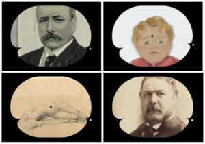 Four images of the Art Clock face depicting the time 3:45 or so. Clockwise from the top left, there is an image of a middle aged white man with a mustache, a drawing of a child with slightly droopy blue eyes, another white man with a mustache less groomed than the first, and a nude figure of a woman in repose.