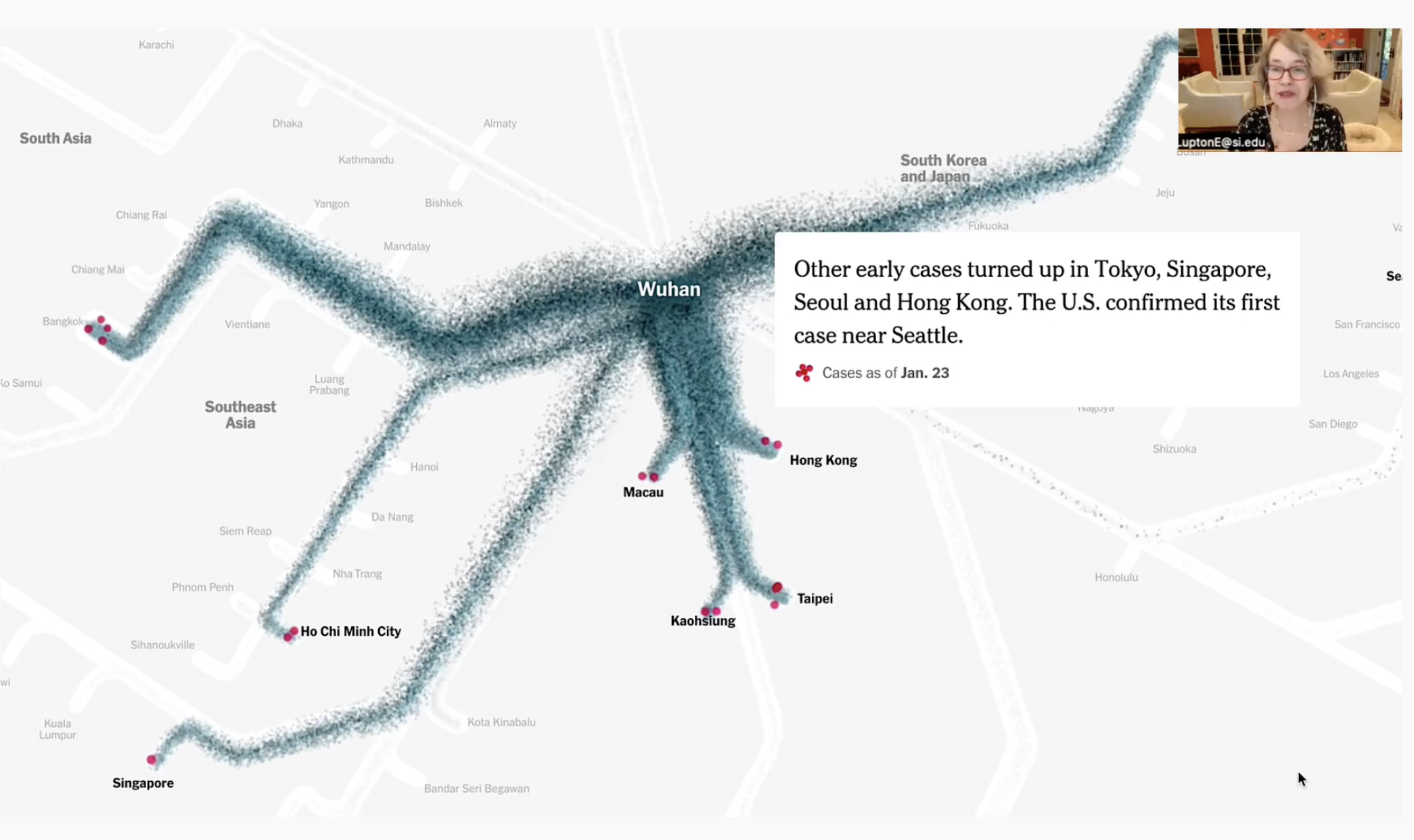 A screenshot of a data visualization of Wuhan China. Teal blue dots radiate out from a central point