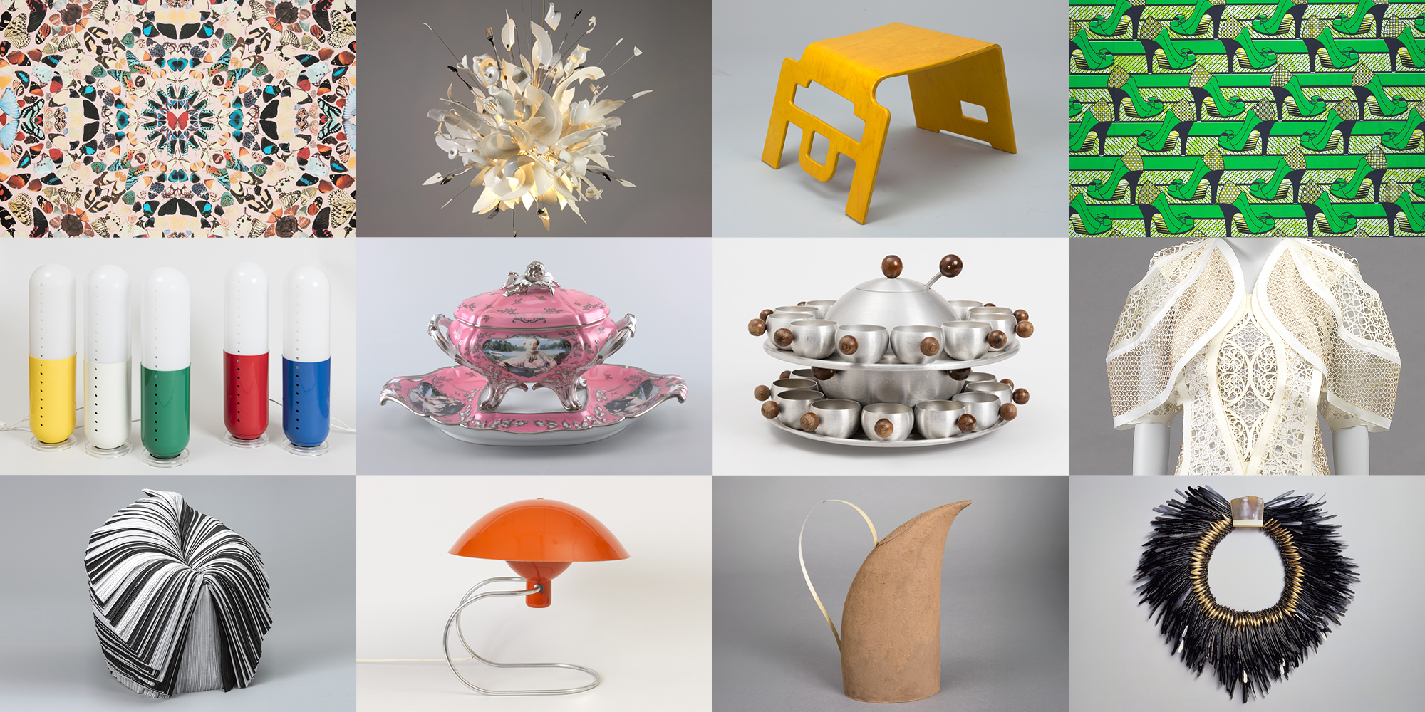 Grid of twelve objects showing examples of wearables, lamps, dishware, wallpaper, and seating that have changed over time.