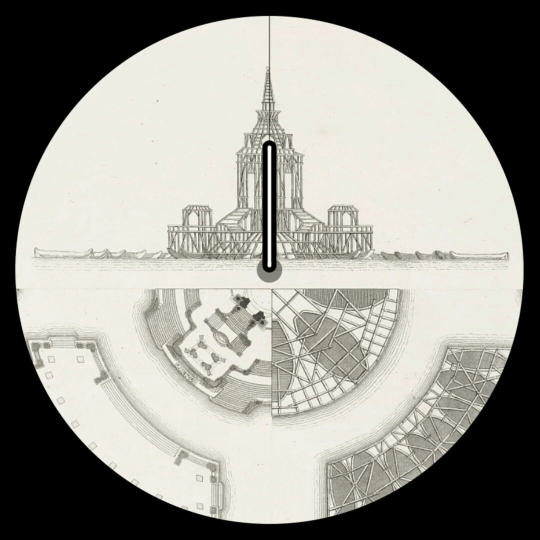 Animated gif of a circular prototype of the Art Clock inside a square black frame. There is one stationary clock hand pointing to 12, while the second hand rotates around the clock face. As the second hand moves, the background image of the clock shifts to a new image that contains an angle aligning with the moving second hand.