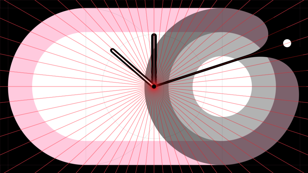 A color blocked image of an analog clock face inside of a black rectangle. The face is divided into segments by red lines indicating increments of time. There are two literal clock hands and an abstracted third hand emanating from the center. The third hand corresponds to a white dot on the periphery of the clock face.