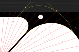 A small segment of a design exploration for an analog clock face showing red lines to segment the time, a white dot, and a yellow arch shape to indicate the distance between two segments spaced across the image.