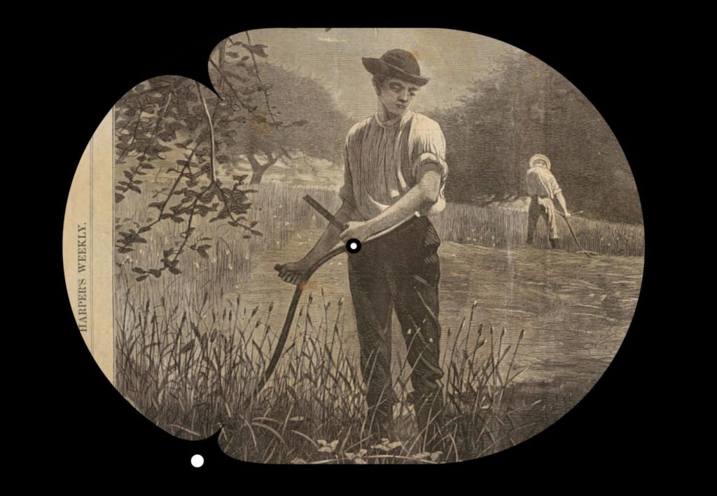 A black and grey illustration from what looks like a book or newspaper page of a man with his sleeves rolled up, holding a scythe, cutting grass. He's wearing a dark hat and dark trousers. There is another figure doing similar work in the background.