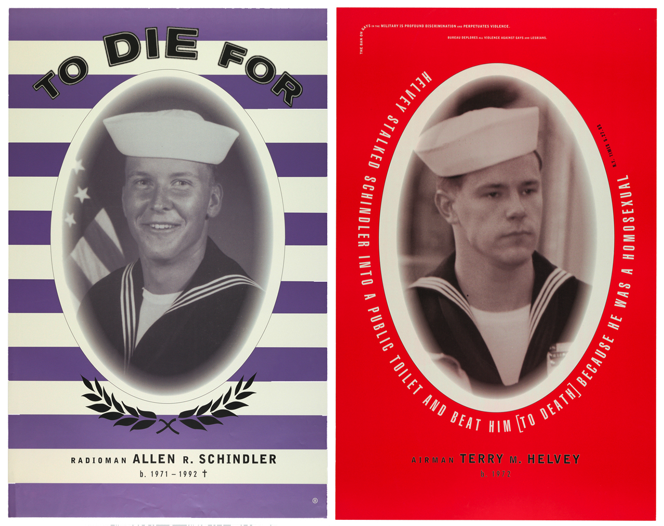 Side-by-side posters with oval portraits of male military personnel in uniform.