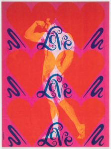 A muscular man—depicted in orange, standing in profile and wearing briefs—admires his own flexed bicep. Superimposed on this image are pairs of red hearts, the word "Love" in deep blue with curly letterforms, and a pink overlay.
