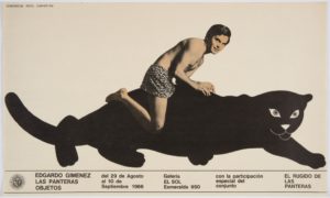 A man in spotted boxer shorts, looking back at the viewer, straddles a black panther, stretched across this horizontal poster. Short columns of informational text are bracketed by lines beneath these two central figures.