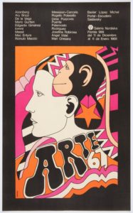 Beneath three columns of white text on a black background is an illustration of a person's face in profile. The profile of a monkey's head is superimposed on the person's brain and the words "ARTE 67" in voluptuous typography cover the person's bust. Abstract shapes in orange, pink, black, and white swirl around this central image.