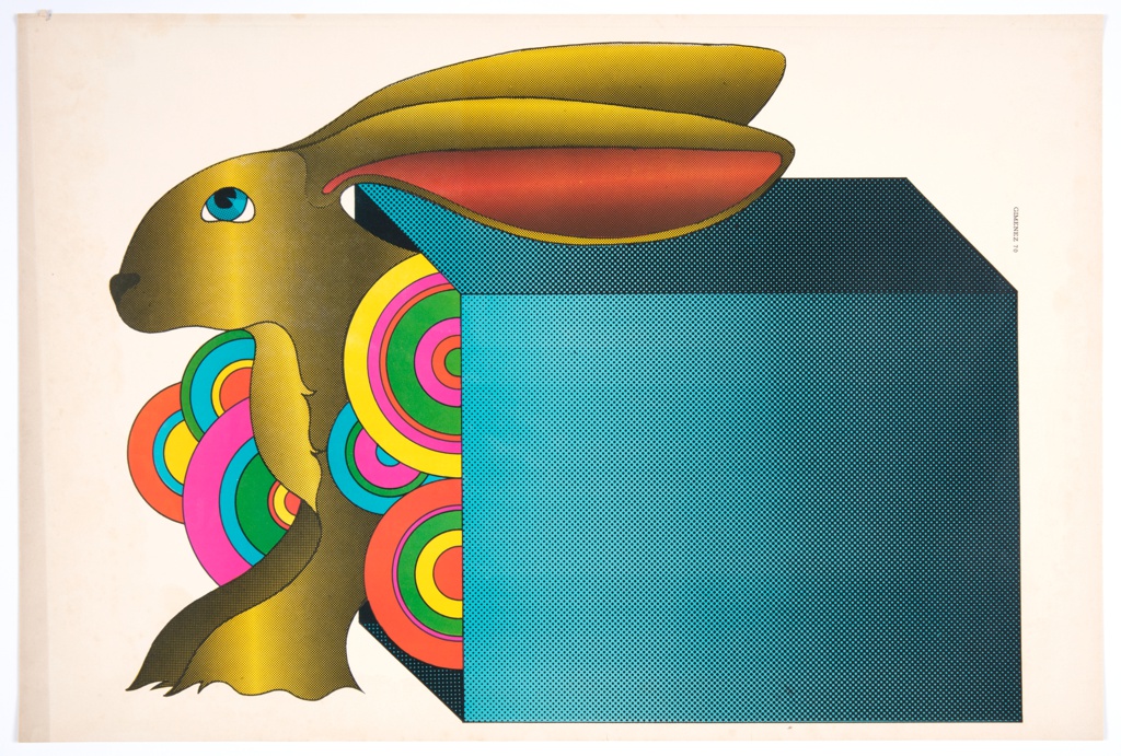 A yellow rabbit appears to exit in a leftward motion a turquoise box. The rabbit and the box have a gradient created by fields of black dots and circles with colorful concentric rings surround the rabbit.