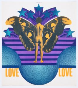 Layers of blue and purple lines and shapes form the symmetrical background of a photomontage of a nude man, pictured from behind, with large butterfly wings. The word "LOVE" is repeated on the bottom in yellow on either side of the background shape.