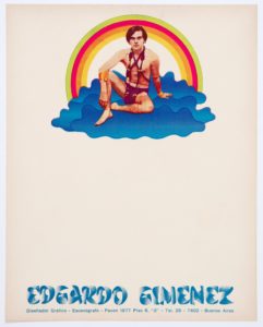 At the top of the poster is a man, wearing a leather harness and jack strap, seated on a field of blue clowd-like shapes and under an arched rainbow. At the bottom in blue are the words "Edgardo Gimenez" and contact information.