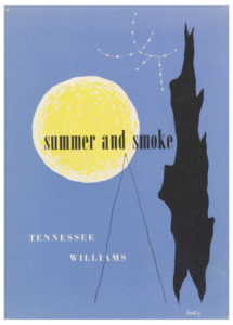 A yellow moon and a black flame appear on a blue background. A constellation of stars appears in thin white lines and dots. A thinly drawn triangle suggests a mountain peak. The title and author appear in classical letters: summer and smoke, tennessee williams. The cover is signed in script: lustig.