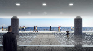 Digital rendering of a large, open-walled cement structure that opens onto a serene waterside promenade.