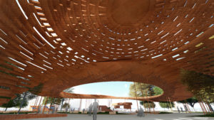 Digital rendering of a large circular canopy structure carved with many different people’s names.