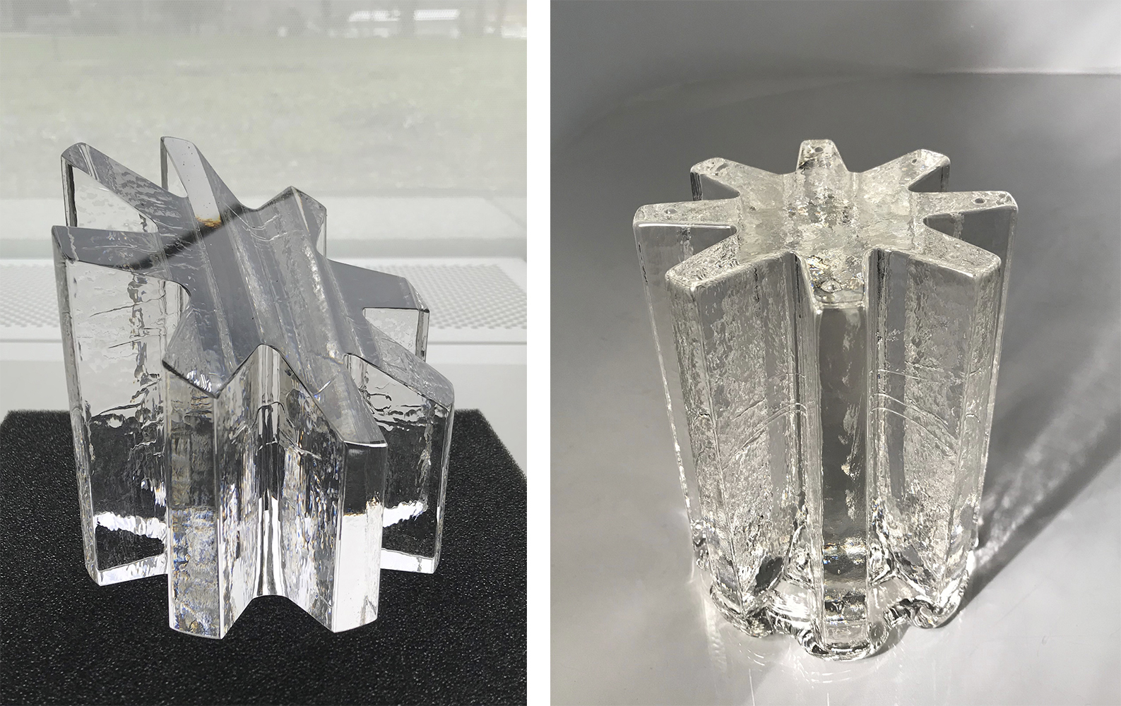 Side by side photographs of a transparent, colorless glass trophy, in a starburst shape. Both are against neutral white, gray, and black backgrounds.
