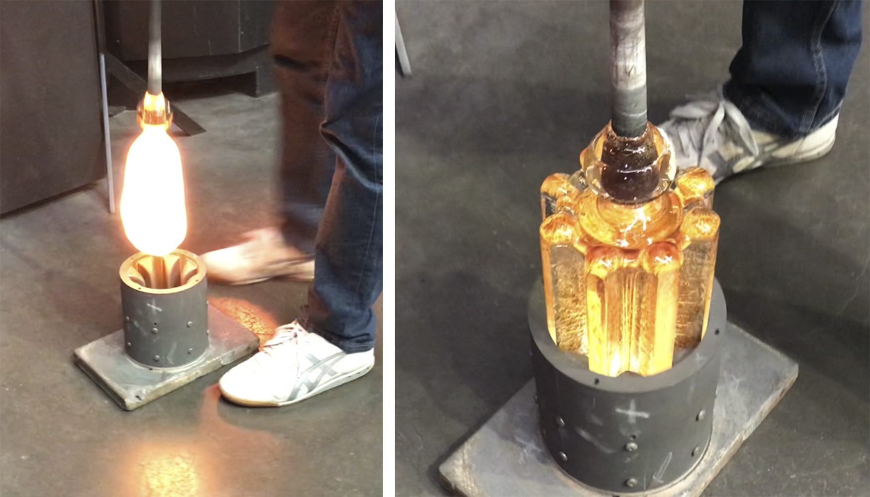 Side by side photographs of a glass form being placed into and then removed from a gray, graphite mold.