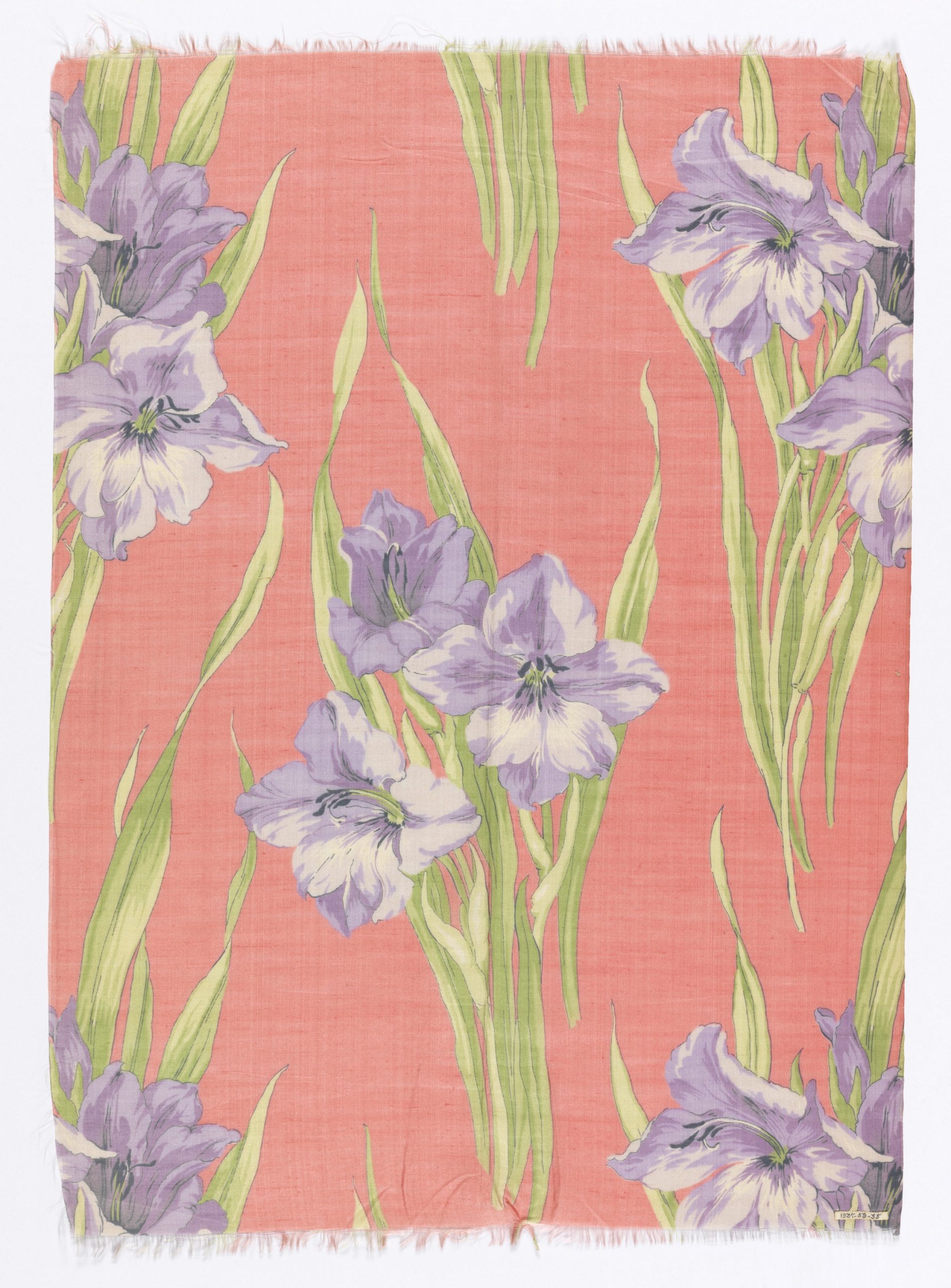 Purple flowers with green stems are grouped in trios against a pastel salmon background.
