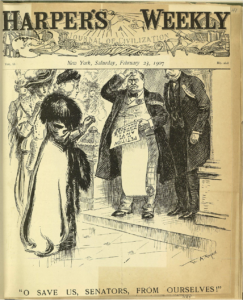 A magazine cover with a cartoon depicting wealthy-looking women appealing to two confused older men in suits with the caption "O Save Us, Senators, From Ourselves!"