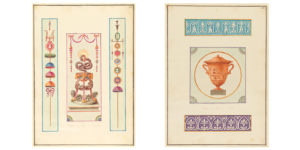 Fanciful drawings of decorative ornamental designs completed in rich watercolors