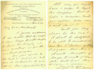 The front and page of a two-page letter on one sheet of paper. The top has typeset information regarding the International Council of Women followed by several dozen lines of handwritten text and signed, finally, by Susan B. Anthony.