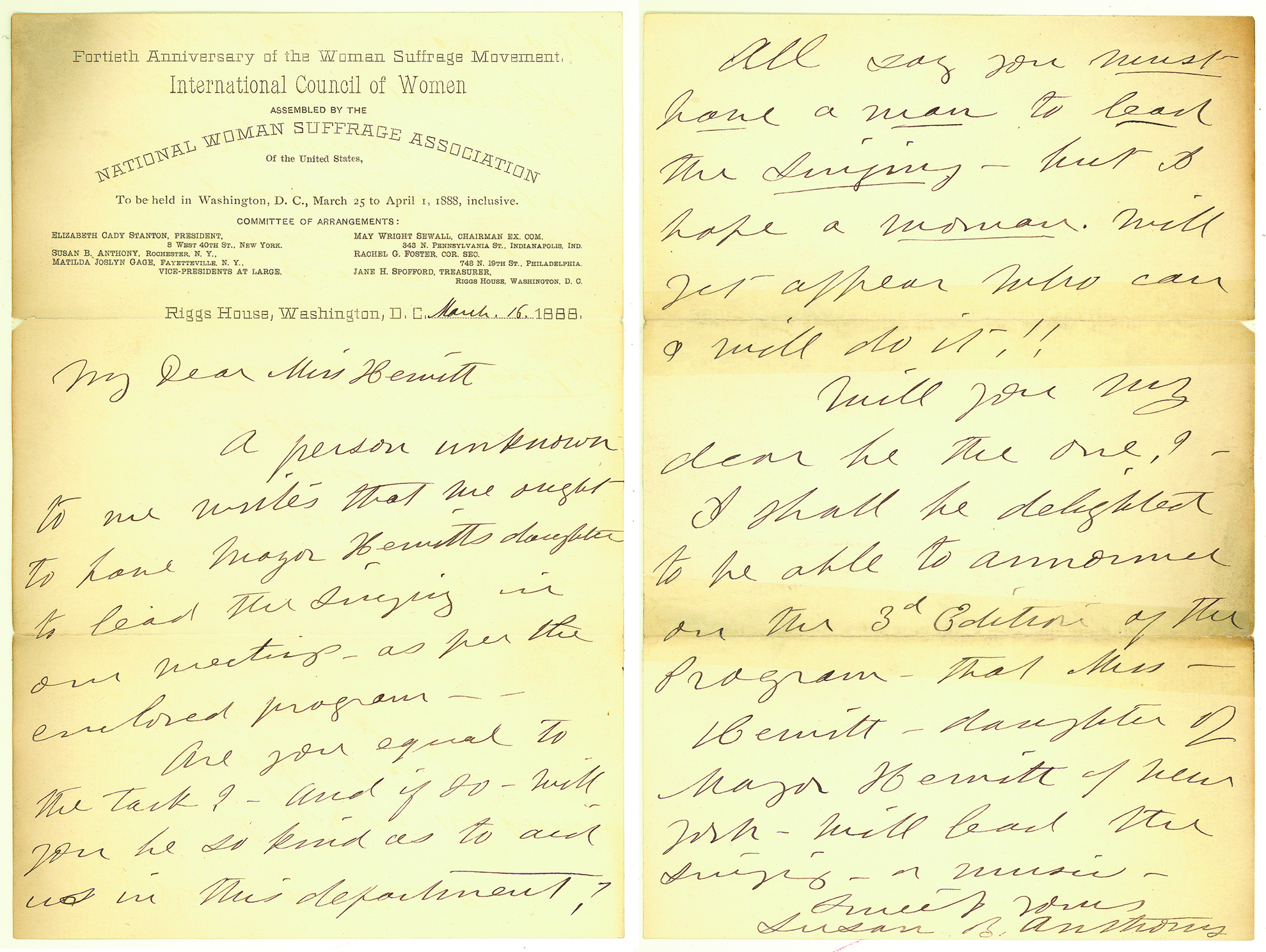 The front and page of a two-page letter on one sheet of paper. The top has typeset information regarding the International Council of Women followed by several dozen lines of handwritten text and signed, finally, by Susan B. Anthony.