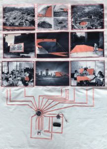 A large white fabric with nine black and white photos sewn onto its top half and accented with a coppery color. On the bottom half of the fabric, lines of copper travel from the photographs to a central node.
