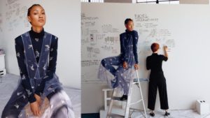 Two photographs. On the left, a model with medium-brown skin and black hair pulled back in cornrows looks serenely at the camera. On the right, the same model is seated on top of a ladder while another person with their back to the camera writes on a large white wall behind them.