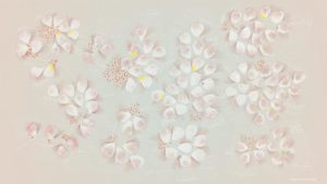 A digital illustration of white flower petals, accented with pale pink, dark gray, and splashes of bright yellow, scattered across a gray background. Handwritten quotes fill the empty spaces between the petals.