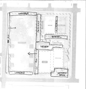 A black-and-white floorplan with handwriting over some areas indicating their use.