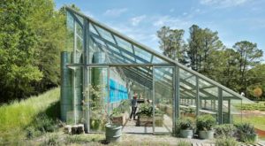 A greenhouse made entirely of windows and shaped almost like a right triangle, with a long slanting roof reaching almost to the ground before continuing down in a straight line.