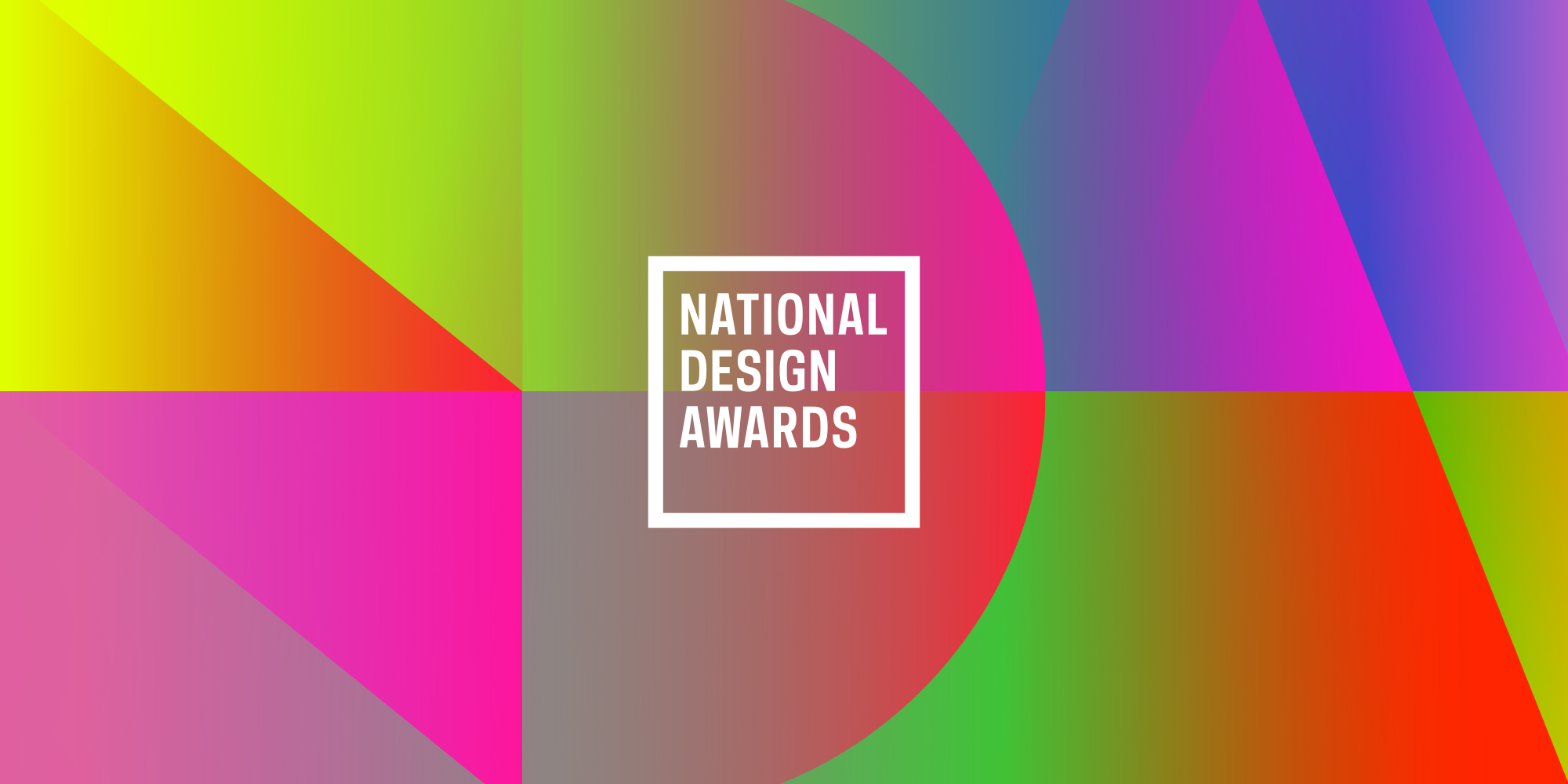 Bright, prismatic graphic pattern with a center logo in white type reading "NATIONAL DESIGN AWARDS"