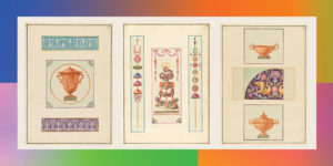 Three images of colorful ornament drawings by Michel Angelo Pergolesi set against a vibrant rainbow background.