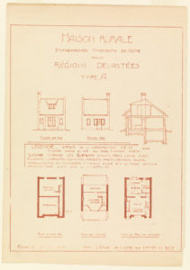 A line drawing on cream colored paper of floor plans for a house.