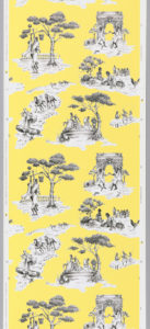 A yellow wallpaper that contains black-and-white, illustrative scenes of Black individuals wearing 18th-century costume and engaging in a variety of both pastoral and modern activities.
