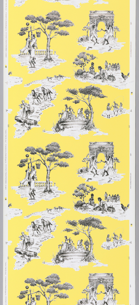 A yellow wallpaper that contains black-and-white, illustrative scenes of Black individuals wearing 18th-century costume and engaging in a variety of both pastoral and modern activities.