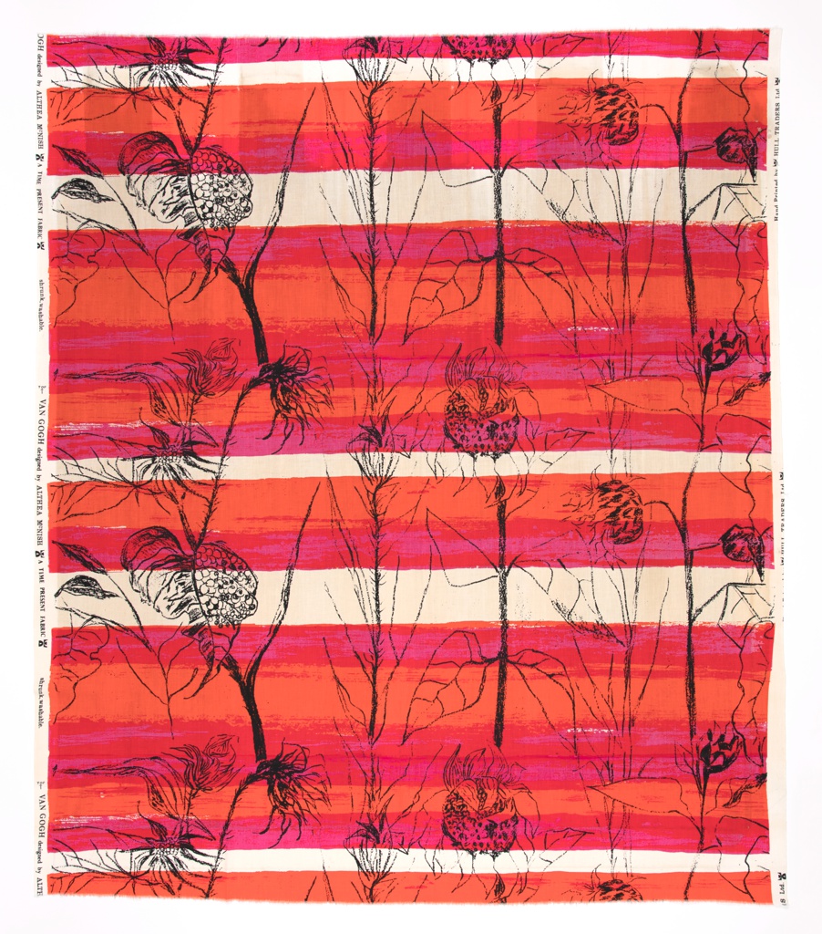 A textile with pink, orange, and white horizontal, irregular stripes overlaid with inky black illustrations of plants.
