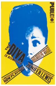 A poster depicting a blue scale image of the head of a woman with a bouffant hairdo and an unrestrained shouting expression, as words advertising a theatrical production spiral from her mouth, contrasted against a bright yellow, solid background.