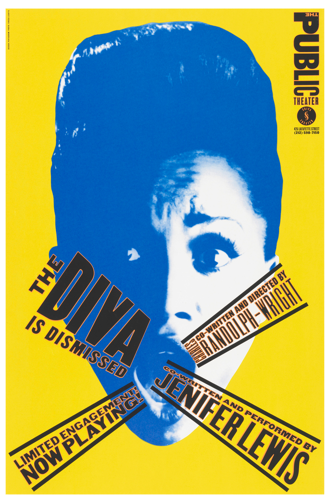 A poster depicting a blue scale image of the head of a woman with a bouffant hairdo and an unrestrained shouting expression, as words advertising a theatrical production spiral from her mouth, contrasted against a bright yellow, solid background.