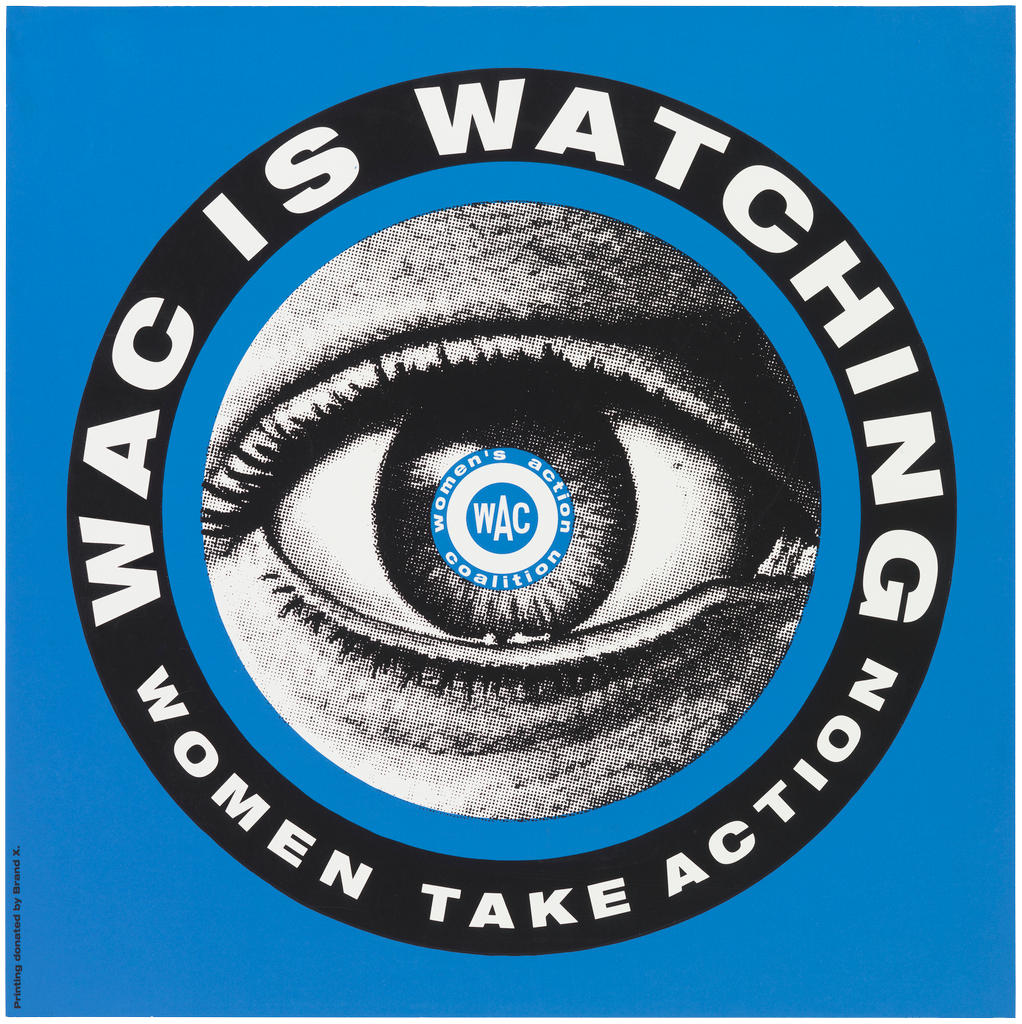 A square blue poster with the confrontational close-up of a human eye; the eye is surrounded by a black circle with white blocky lettering that reads “WAC IS WATCHING / WOMEN TAKE ACTION”.