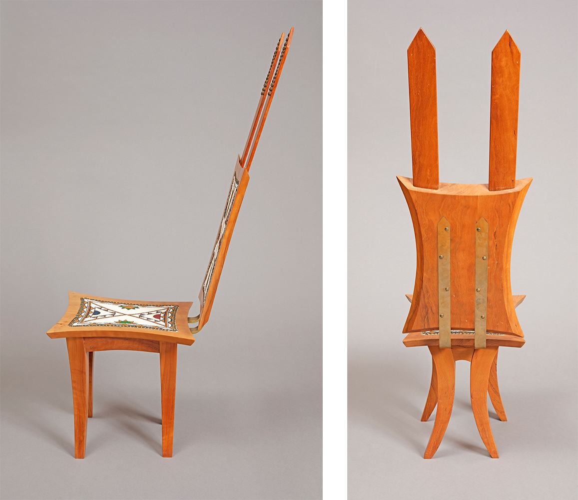 Composite photographs of different angles of a wooden chair—one from the side and one from the back showcasing the chair’s unusual shape and metal support details.