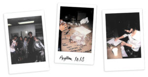 Three Polaroids showing high school students smiling together and creating design prototypes.