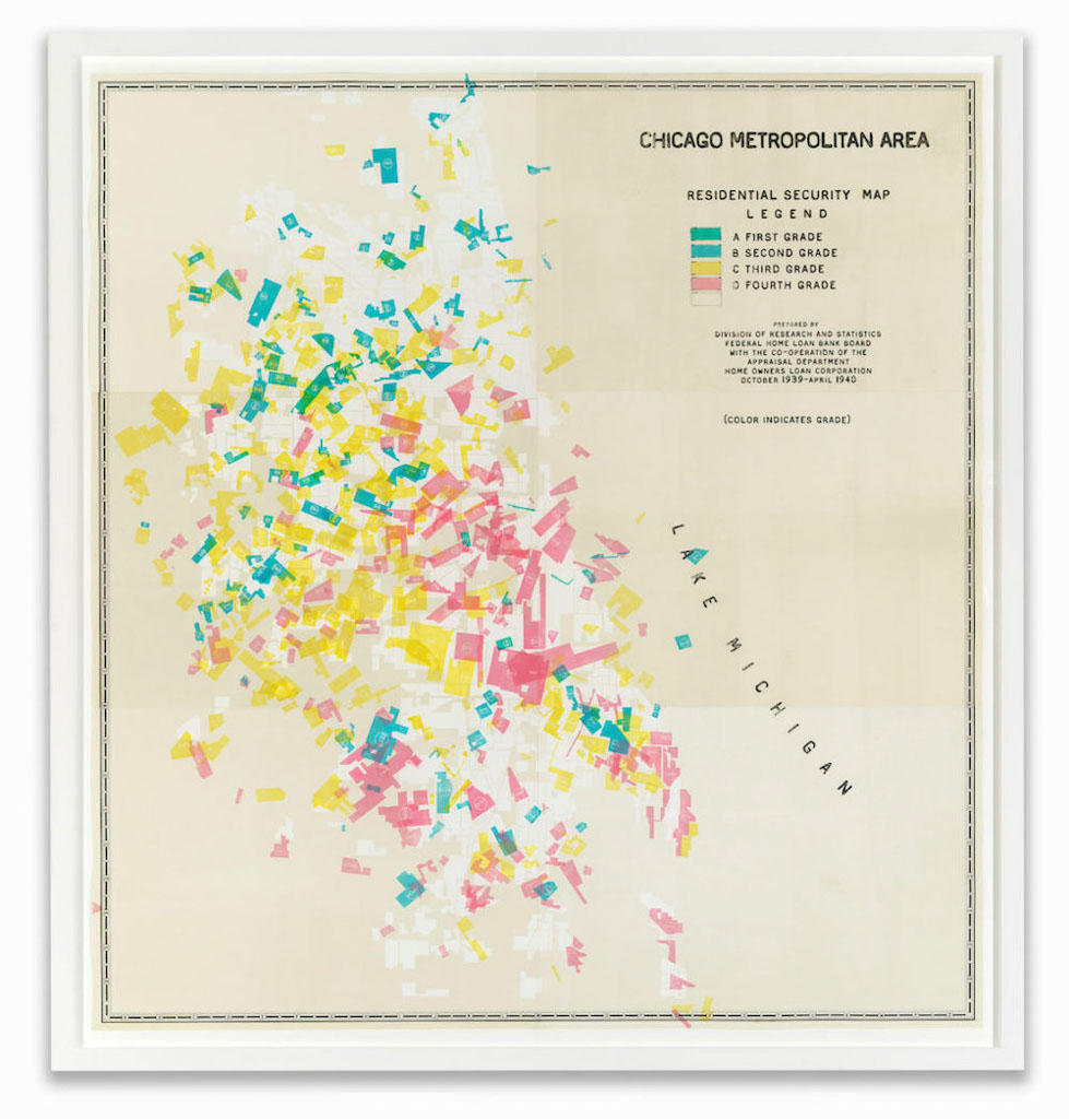 A map of the Chicago Metropolitan area covered in tiny areas colored differently based on their security grade.