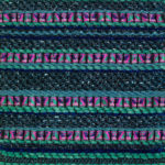 A woven fabric sample with horizontal stripes of varied widths and textures, in blue-green, pink and purple.