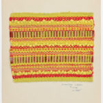A sample of woven fabric with horizontal stripes of bright reds and yellows.