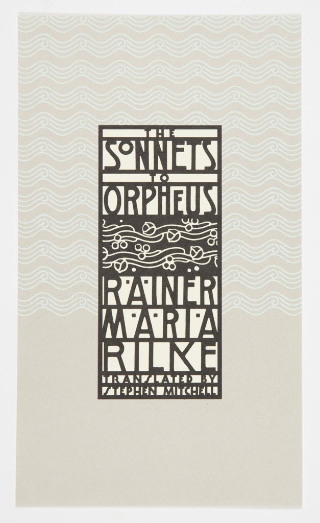 Dark, heavy, underlined capitals sit inside a bordered box. The text reads, “The Sonnets of Orpheus / Rainer Maria Rilke / Translated by Stephen Mitchell.” A pale wavy pattern fills the background.