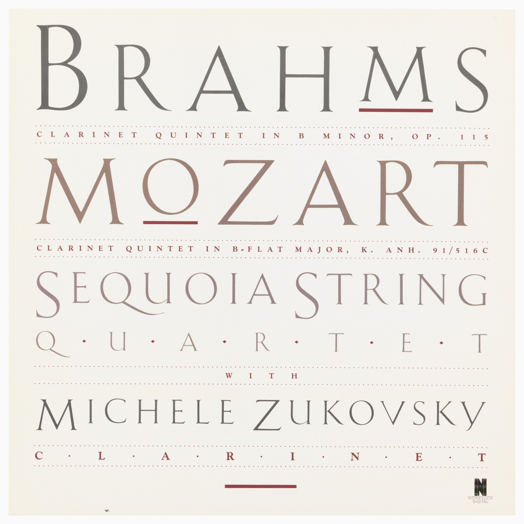 Delicate capital letters are printed in shades of warm gray and light brown. The text reads, “Brahms / Mozart / Sequoia String Quartet / with / Michele Zukovsky / Clarinet”.