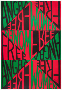 Poster featuring the slogan Women Free Angela. Twelve triangles printed in black, red, and green each contain one of three words in a contrasting color: "Women," "Free", and "Angela."