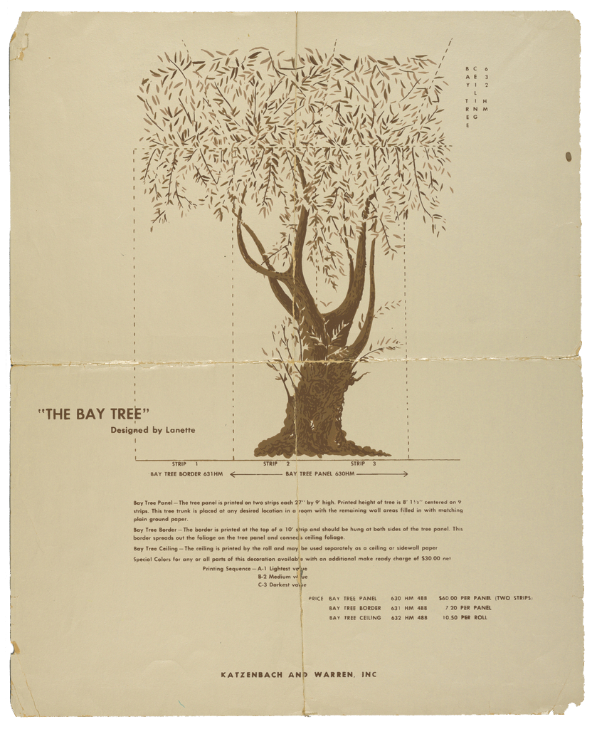 On beige paper, a simple, brown illustration of a tree with a thick trunk and willowy leaves is annotated with instructions and measurements.