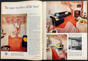 Magazine spread with multiple photographs of an attic room decorated a red-orange tree mural wallpaper and carpet of a matching color.