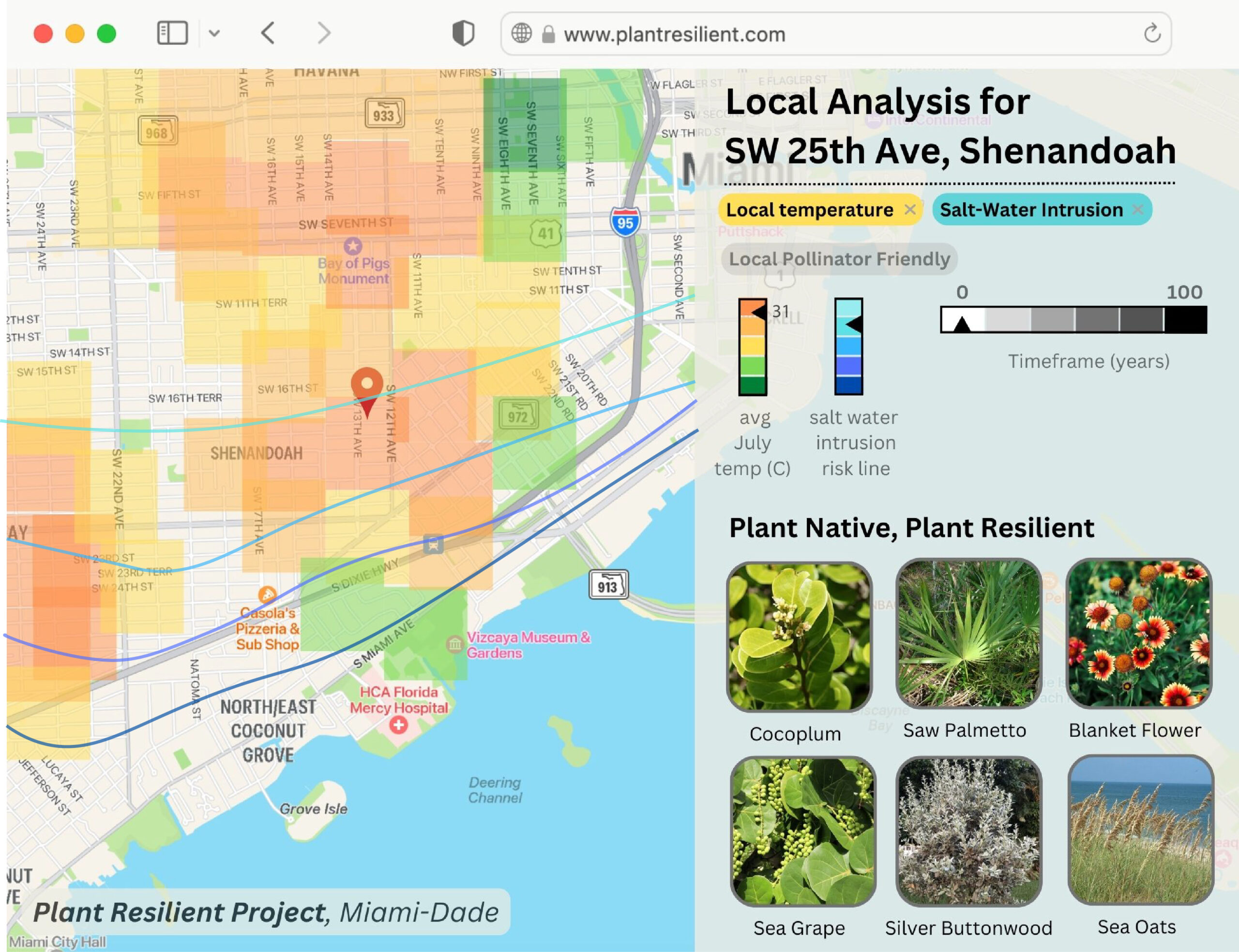 I am visualizing the effects of climate change on plant life in South Florida. I designed the Plant Resilient Project’s website. It uses satellite data tracking heat islands and saltwater intrusion. Users can map where non-heat tolerant or saltwater tolerant plants will die off. This information can inform gardeners and architects on what they should plant where. My data is from heat island maps created by graduate student Oaklin Keefe using data from Landsat 8 imagery, thermal imagery analysis, and Normalized Difference Vegetation Index (NDVI) imagery analysis. I also used saltwater intrusion mapping from the NOAA South Florida sea level rise map. My website looks at a location to find plant species that will resist local environmental shifts caused by climate change. Other information, like how much saltwater intrusion can affect an area, is shown through simple graphics. Gardeners, architects, and city planners can use this website to create green spaces that improve communities in the short- and long-term. It also connects users with nearby native plant nurseries and informs them on plant care, and will help protect local biodiversity.
