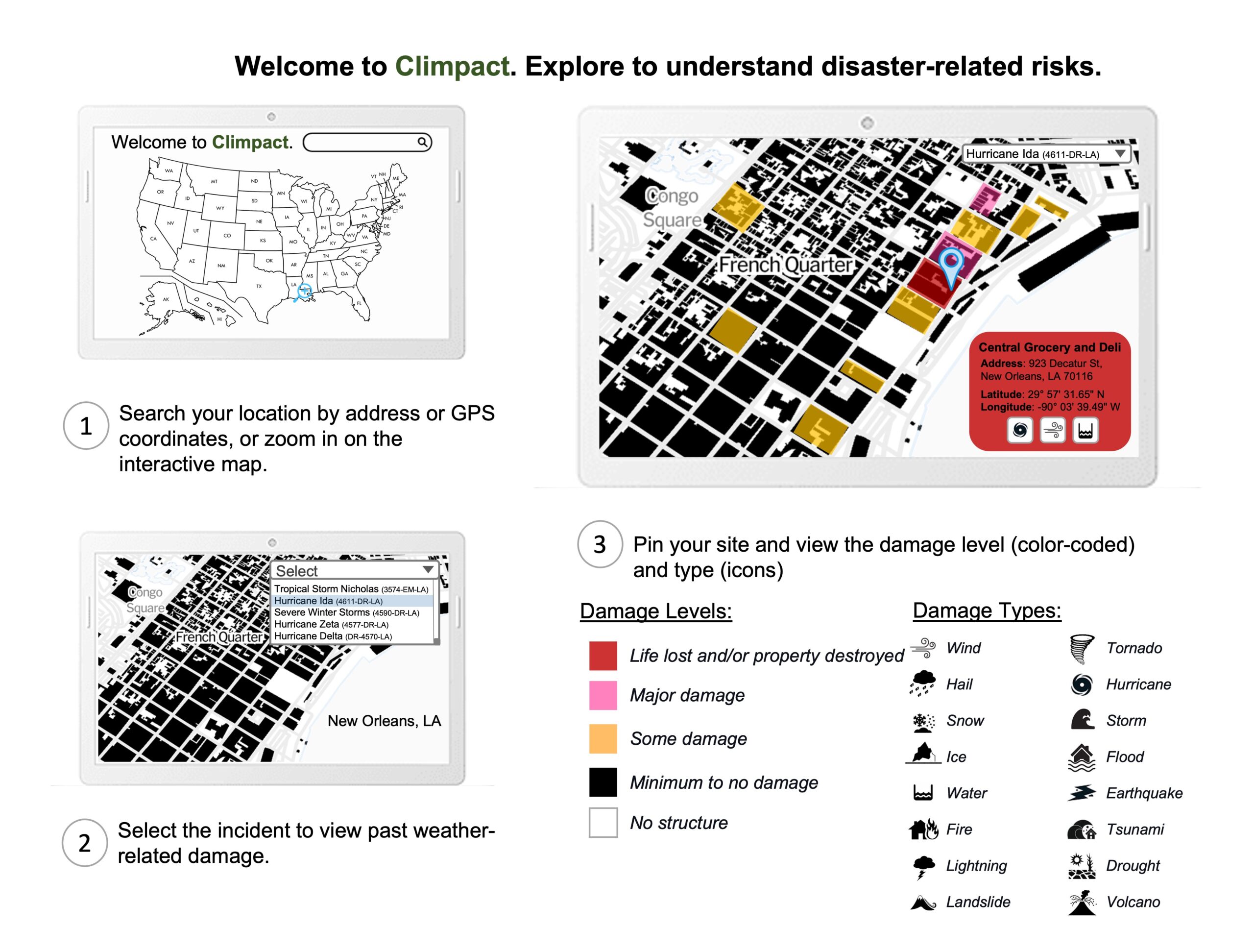 Climpact is an interactive mapping system that allows users to view locations and determine the impact of damage from past major weather-related disasters. I used data from open building footprints datasets in the UnitedStates. I looked at FEMA for data on natural disasters from 1953 to today. FEMA also shows information on support provided and scale of damage for natural disasters. In Climpact, you can select a location to update the map and display sites in the area and a related disaster list. Picking an incident refreshes the map to reflect the level and type of damage with color coding and icons. For example, choosing Hurricane Ida shows Central Grocery in red with the relevant icons. Users worldwide can make better decisions on where to live, study, work, and visit. Businesses and governments can determine where to invest and promote growth. They can also help deter people from moving to a specific area. Climpact increases climate change awareness by allowing users to interact easily with geospatial and weather event data.